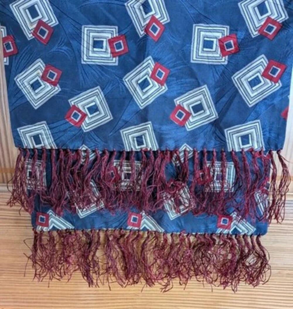 VTG Polo Ralph Lauren 100% Silk Italy Made Men's Navy Foulard Scarf & Red Fringe